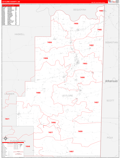 Le Flore County, OK Zip Code Wall Map